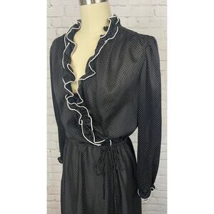 Vintage Black Ruffled Polkadot Long Sleeve Polyester Dress Medium Large